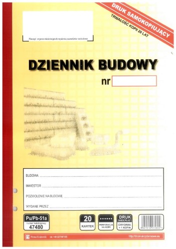 Dziennik Budowy Pu/Pb-51 20 kartek 10 + 10 - niewielkie inwestycje, typu małe budynki jednorodzinne i gospodarcze, rozbudowy, remonty