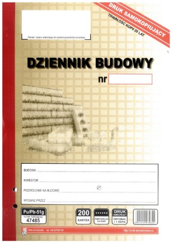 Dziennik Budowy Pu/Pb-51 200 kartek 100 + 100 -  bardzo duże inwestycje typu wieżowiec, autostrada, linie i dworce kolejowe, lotniska, duże budynki wielorodzinne i przemysłowe