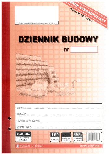 Dziennik Budowy Pu/Pb-51 160 kartek 80 + 80 -  duże inwestycje jak budynki wielorodzinne, bloki mieszkalne, inwestycje komunalne, drogi, obiekty infrastruktury, inwestycje komunikacyjne
