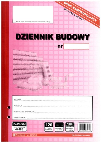 Dziennik Budowy samokopiujący, w trwałej i bardzo wygodnej w użytkowaniu oprawie, 120 kartek (60+60).
Przeznaczony szczególnie dla mniejszych budynków wielorodzinnych, większych zakładów usługowych i budynków produkcyjnych.
